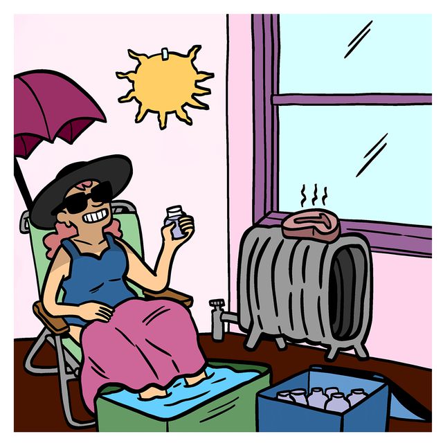 An illustration of NYC Summer normplay, showing a person sitting under an umbrella in their apartment drinking a nutcracker.